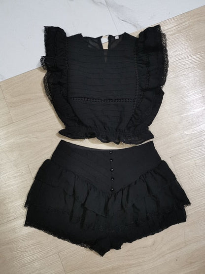 Damen-Set, kurz, plissiertes Top, Polyester, Blumenmuster, Shorts-1