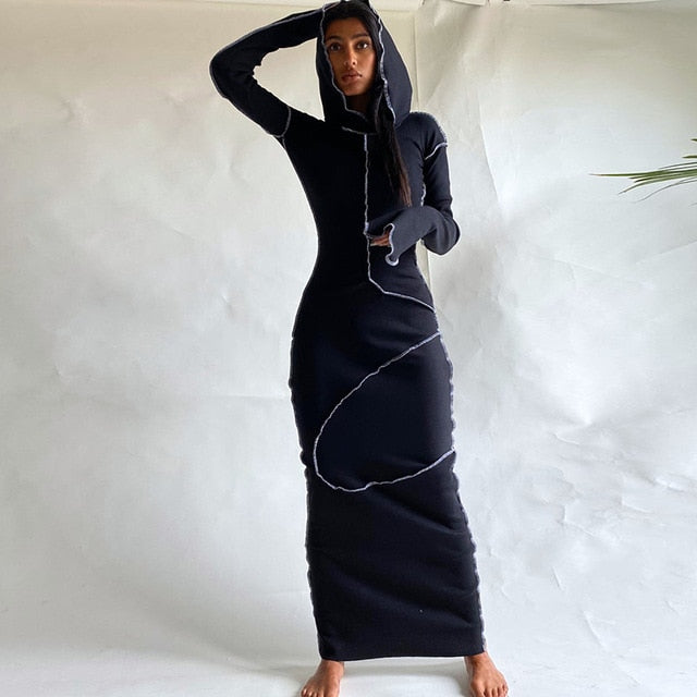 Maxikleid Damen Lang Ärmel Patchwork Polyester-1