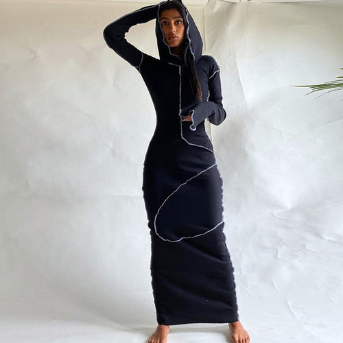 Maxikleid Damen Lang Ärmel Patchwork Polyester-1