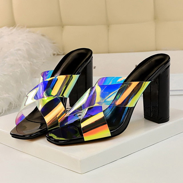 Damen-Peep-Toe-Slipper, Hologramm, eckiger Absatz, PU-Gummi-1