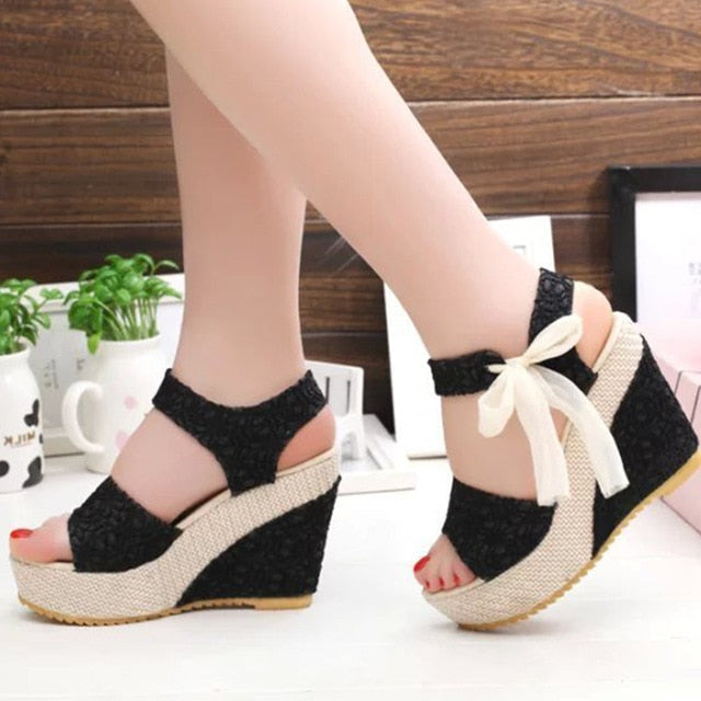 Damen-Keilsandalen, Blumenmuster, Hanf, mit Knöchelband-1