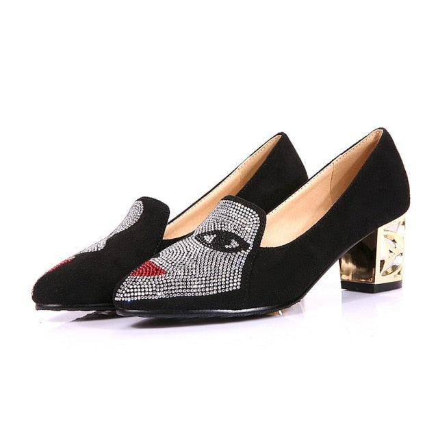 Damen-Pumps, Mary Jane, Flock, mit Blockabsatz und Rhinestones-1
