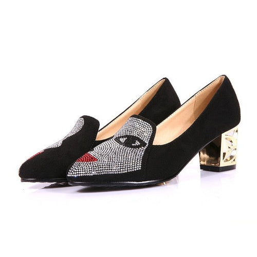 Damen-Pumps, Mary Jane, Flock, mit Blockabsatz und Rhinestones-1