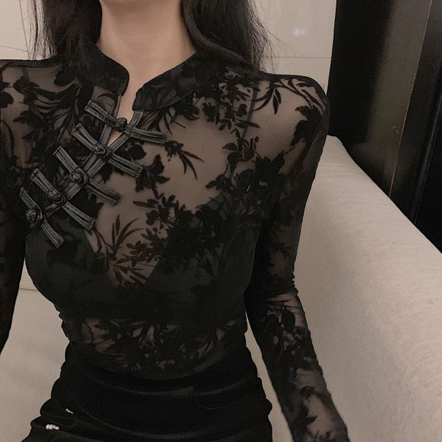 Damen Geblümtes Top Lange Ärmel Mandarin Kragen Polyester-1