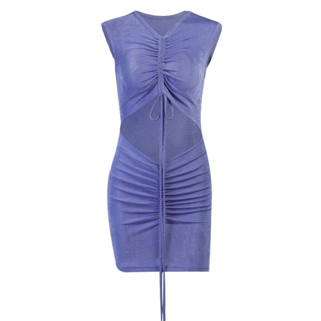 Damen-Minikleid, V-Ausschnitt, Spaghettiträger, Riemen, Polyester, Über, dem Knie-6