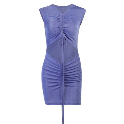 Damen-Minikleid, V-Ausschnitt, Spaghettiträger, Riemen, Polyester, Über, dem Knie-6