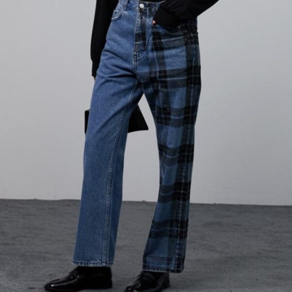 Variant image for Damen-Jeans mit hoher Taille Gerade aus Polyester mit karierter Struktur-1