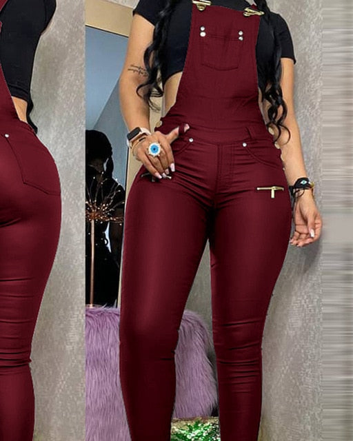 Damen-Overall, einfarbig, PU-Leder mit Taschen-3