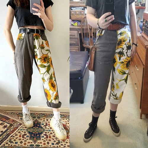Damenjeans Hohe Taille Gerade Geblümte Baumwolle und Polyester-1