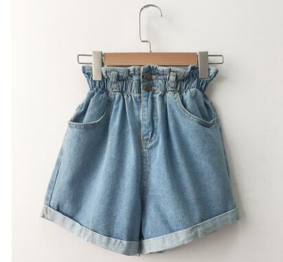 Hochtaillierte Denim-Shorts für Damen mit Rüschen und Taschen – 100 % Baumwolle, Casual-Stil 1