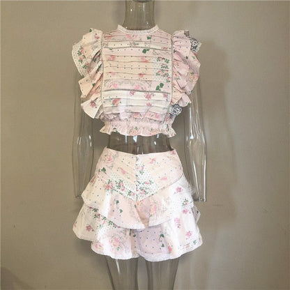 Variant image for Damen-Set, kurz, plissiertes Top, Polyester, Blumenmuster, Shorts-5