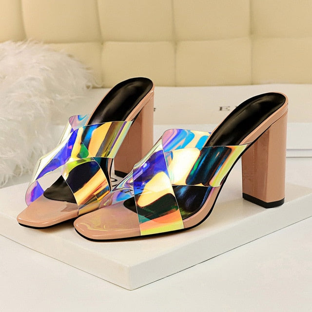 Variant image for Damen-Peep-Toe-Slipper, Hologramm, eckiger Absatz, PU-Gummi-6