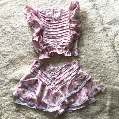 Damen-Set, kurz, plissiertes Top, Polyester, Blumenmuster, Shorts-5
