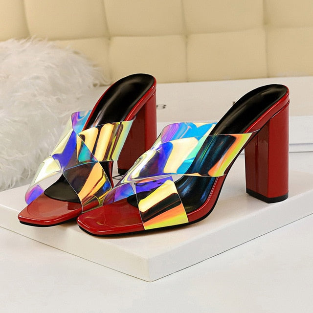 Variant image for Damen-Peep-Toe-Slipper, Hologramm, eckiger Absatz, PU-Gummi-3
