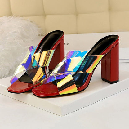 Variant image for Damen-Peep-Toe-Slipper, Hologramm, eckiger Absatz, PU-Gummi-3