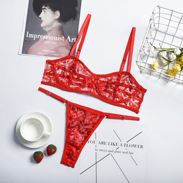 Variant image for Damen BH Set Halb-Cup Blumenmuster Stickerei Polyester-3