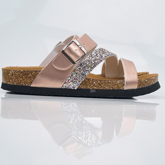 Damen-Sandalen, flach, PU-Leder mit Glitzerdetails-1