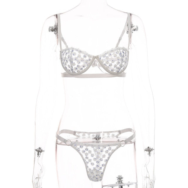 Damen-Unterwäsche-Set, Blumenmuster, Polyester, Spandex mit verstellbaren Schulterträgern-1