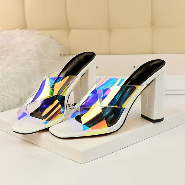 Variant image for Damen-Peep-Toe-Slipper, Hologramm, eckiger Absatz, PU-Gummi-4
