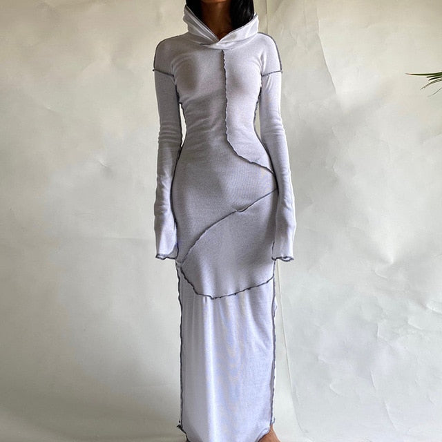 Maxikleid Damen Lang Ärmel Patchwork Polyester-6