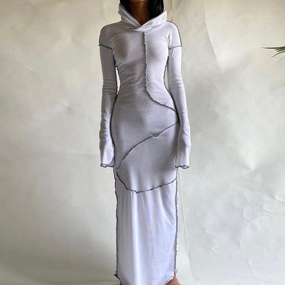 Maxikleid Damen Lang Ärmel Patchwork Polyester-6