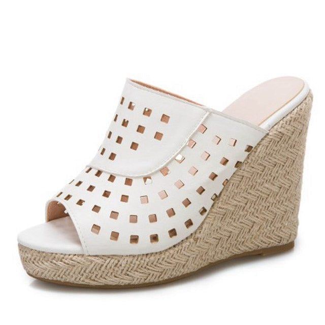Damen-Keilsandalen, geometrisches Muster, PU, hoher Keil-1