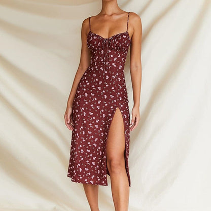 Blumiges Midikleid mit Spaghettiträgern und hohem Schlitz – A-Linien-Silhouette aus Polyester 1
