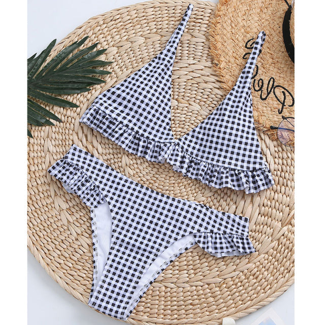 Damen Bikini mit Rüschen Details Hochgeschnittenes Polyester Spandex-1