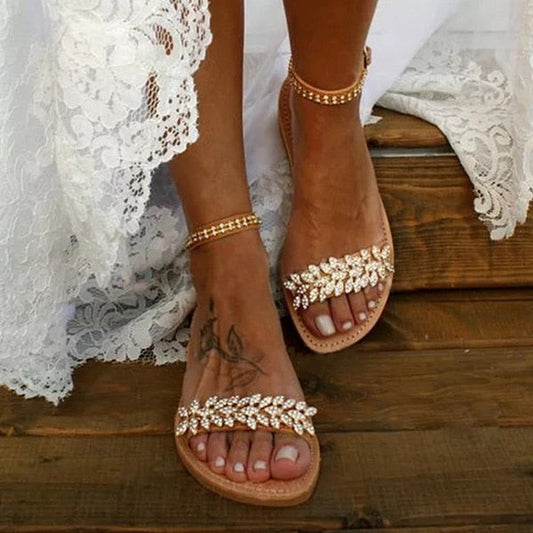 Damen-Sandalen, flach, PU-Leder mit Blumen und Strass-1