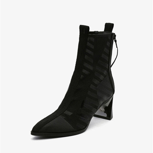 Damen Ankelstiefel Transparente Netz Mikrofaser Spitze Zehenpartie 6 cm Absatz-1