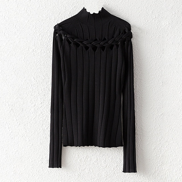 Damenbluse mit Stehkragen und geflochtenem Detail in gemischtem Stoff 1