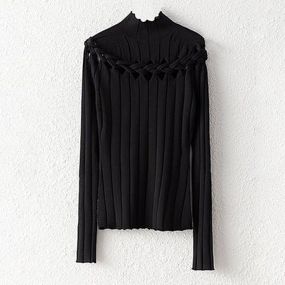 Damenbluse mit Stehkragen und geflochtenem Detail in gemischtem Stoff 1