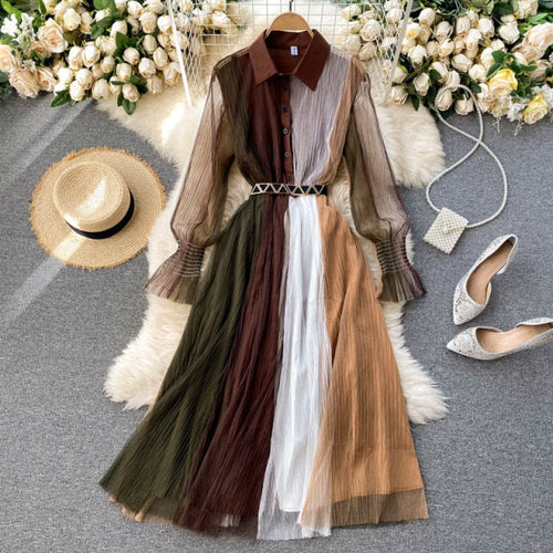 Maxikleid Damen A-Linie Lange Ärmel Acrylnetz-1
