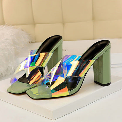 Variant image for Damen-Peep-Toe-Slipper, Hologramm, eckiger Absatz, PU-Gummi-2
