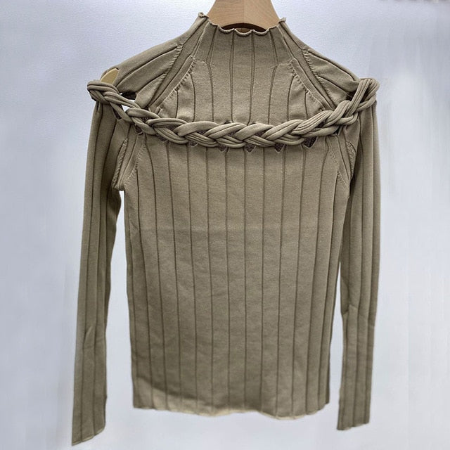 Damenbluse mit Stehkragen und geflochtenem Detail in gemischtem Stoff 8