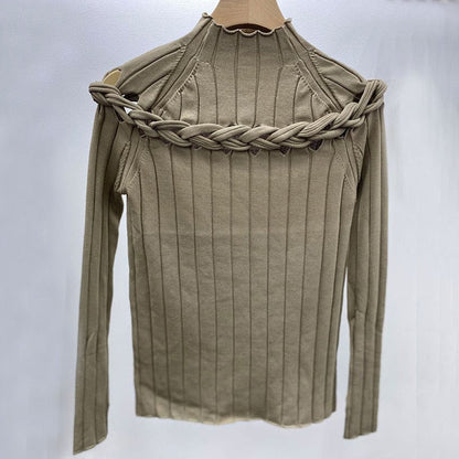Damenbluse mit Stehkragen und geflochtenem Detail in gemischtem Stoff 8