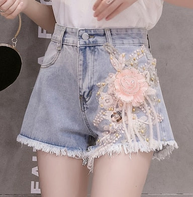 Variant image for Damen-Jeansshorts High Waist Blumendekoration Baumwolle-10