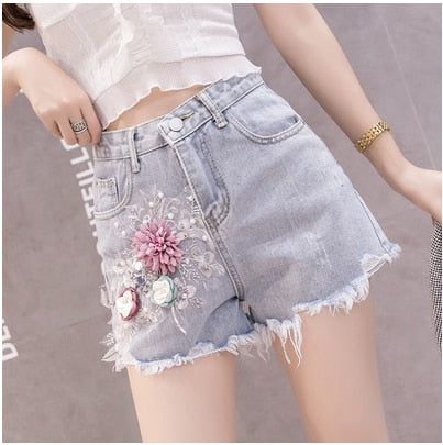 Damen-Jeansshorts High Waist Blumendekoration Baumwolle-1