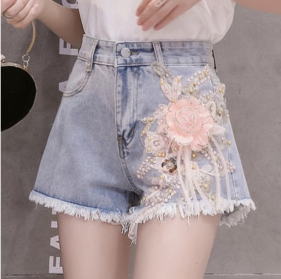 Variant image for Damen-Jeansshorts High Waist Blumendekoration Baumwolle-4