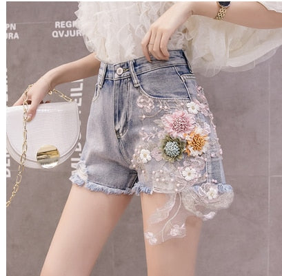 Variant image for Damen-Jeansshorts High Waist Blumendekoration Baumwolle-5