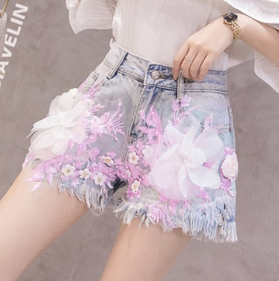 Variant image for Damen-Jeansshorts High Waist Blumendekoration Baumwolle-7