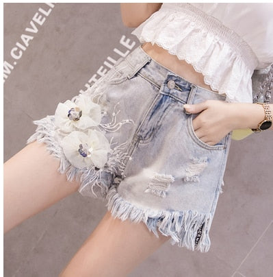 Variant image for Damen-Jeansshorts High Waist Blumendekoration Baumwolle-8