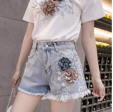 Variant image for Damen-Jeansshorts High Waist Blumendekoration Baumwolle-9