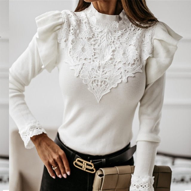 Variant image for Damen Bluse Lange Ärmel Hoher Kragen Polyester Eleganter Stil-3