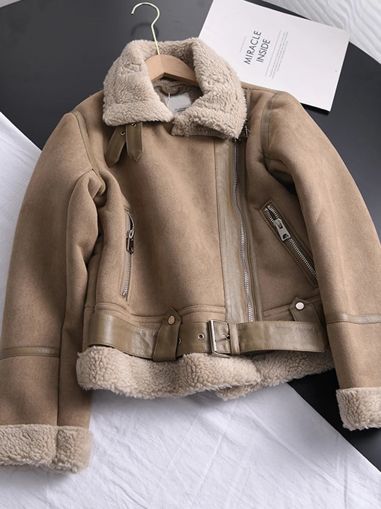 Damen-Kurzjacke, dick, warm, Wildleder, Lamm-2