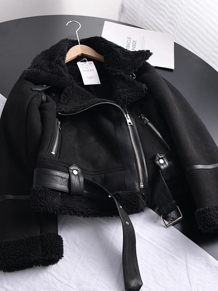 Damen-Kurzjacke, dick, warm, Wildleder, Lamm-1