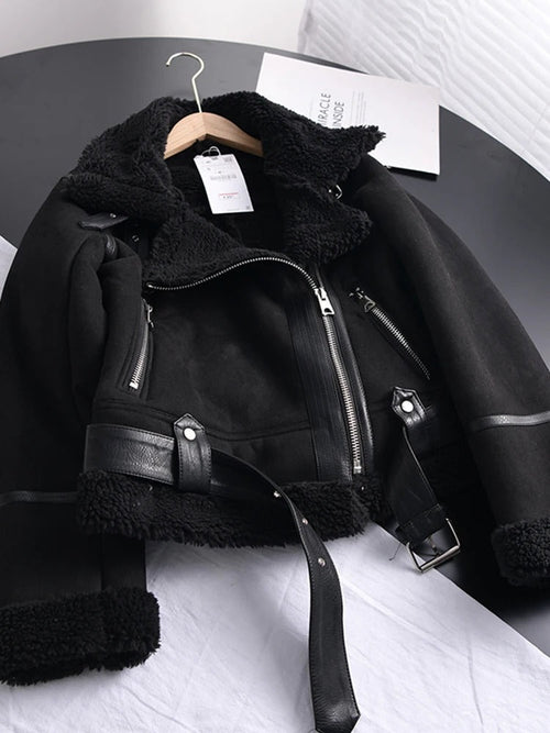 Damen-Kurzjacke, dick, warm, Wildleder, Lamm-1