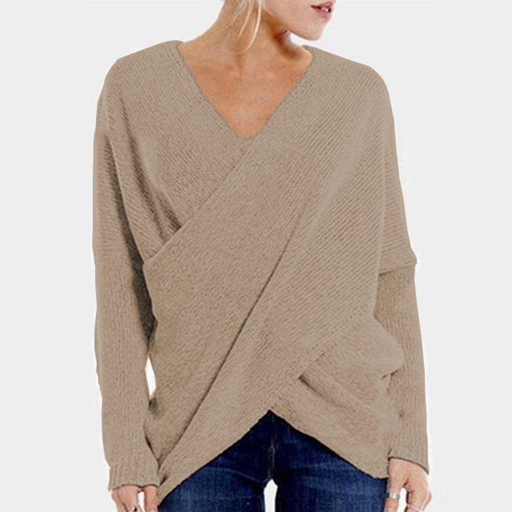 Damen-Strickpullover, gekreuztes Design, tiefer V-Ausschnitt, Baumwolle-2