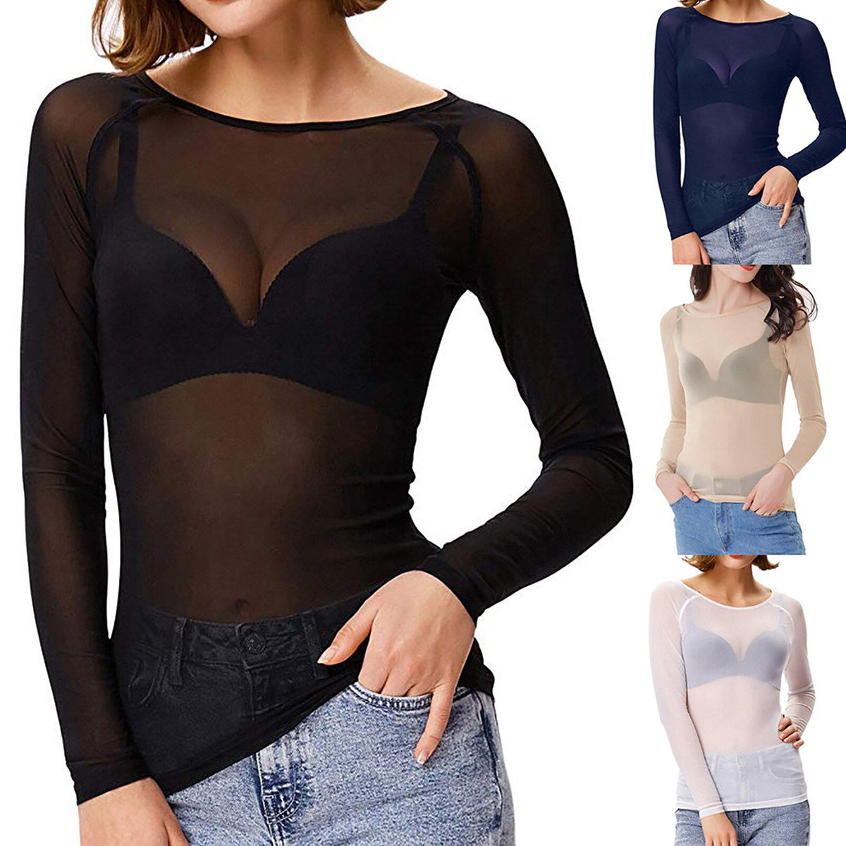 Damen-Party-Tops mit langen Ärmeln aus Mesh-Polyester-5