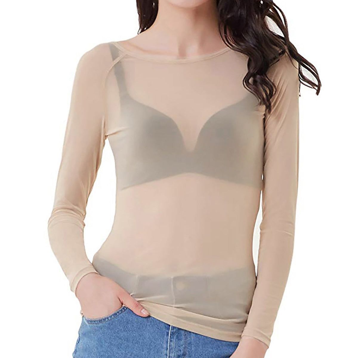 Damen-Party-Tops mit langen Ärmeln aus Mesh-Polyester-4